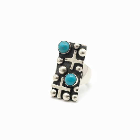 Large Turquoise and Sterling Silver Rectangular Cross and Raindrops Ring, Chimney Butte (Size 10.5) - Turquoise Mustang
