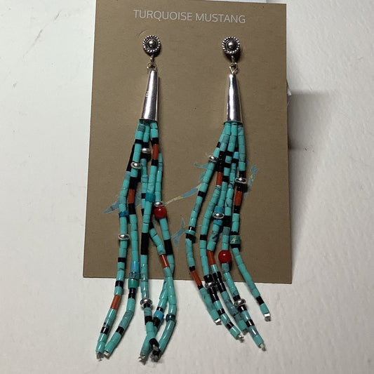 Earrings, Cones w 5 Strands "jellyfish" Coral/Jet/Turquoise/Silver, Turquoise Mustang - Turquoise Mustang