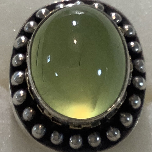Ring, Prehnite, Heavy Silver Oval Tourmalinated Prehnite, Overlay crosses bezel DD - Turquoise Mustang