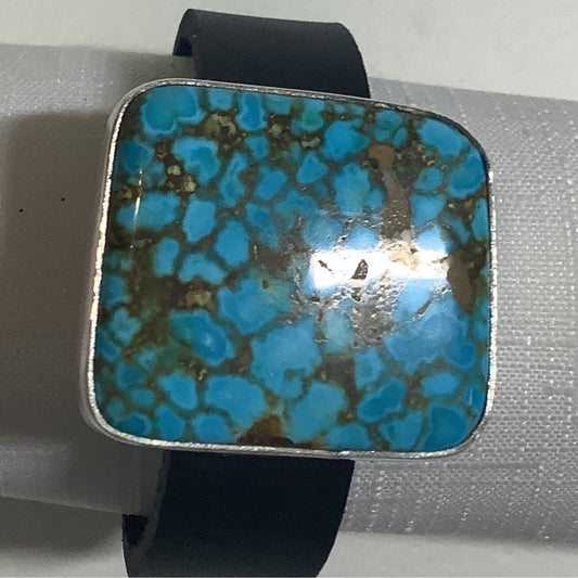 Bracelet, Kingman Blue with Gold Spiderweb Rectangle, Black Leather band, Jeff Stahre - Turquoise Mustang