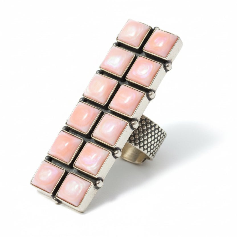 Pink Queen Conch 12 - Stone Square Cluster Ring in Sterling Silver – Adjustable, Artist Unknown - Turquoise Mustang