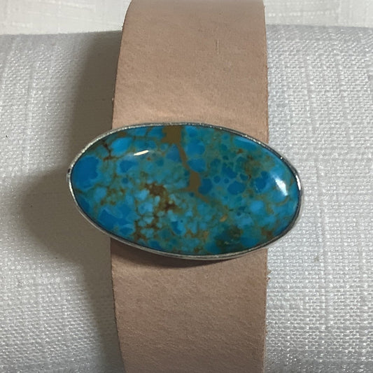 Bracelet, Oval Blue Birdseye Kingman Turquoise, Tan Leather band, Jeff Stahre (1) - Turquoise Mustang