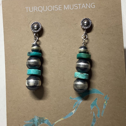 Earrings, 3 N - Pearls and 2 Heishi Drop, Turquoise Mustang (1) - Turquoise Mustang