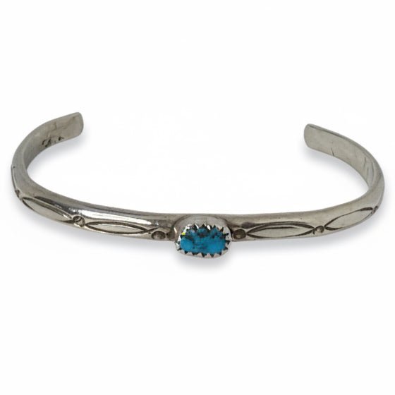 Vintage Sterling Silver Petite Stamped Cuff with Sleeping Beauty Turquoise, B. Bennett - Turquoise Mustang