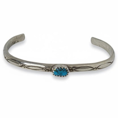 Vintage Sterling Silver Petite Stamped Cuff with Sleeping Beauty Turquoise, B. Bennett - Turquoise Mustang
