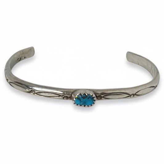 Vintage Sterling Silver Petite Stamped Cuff with Sleeping Beauty Turquoise, B. Bennett - Turquoise Mustang