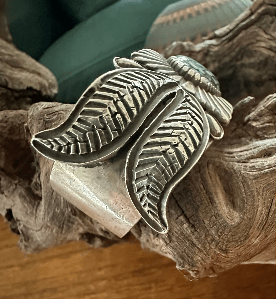Heavy Stamped Sterling Silver Tufa Cast Cuff with Large Freeform Broken Arrow Cabachon, by Navajo Silversmith Kris Willie - Turquoise Mustang