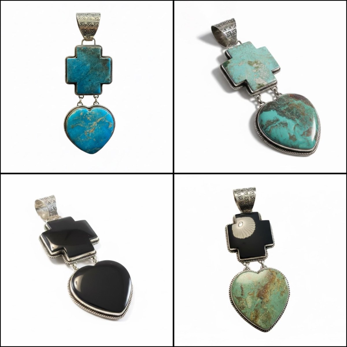 The Bleeding Heart Pendant in Sage Green Kingman and Black Onyx - Turquoise Mustang
