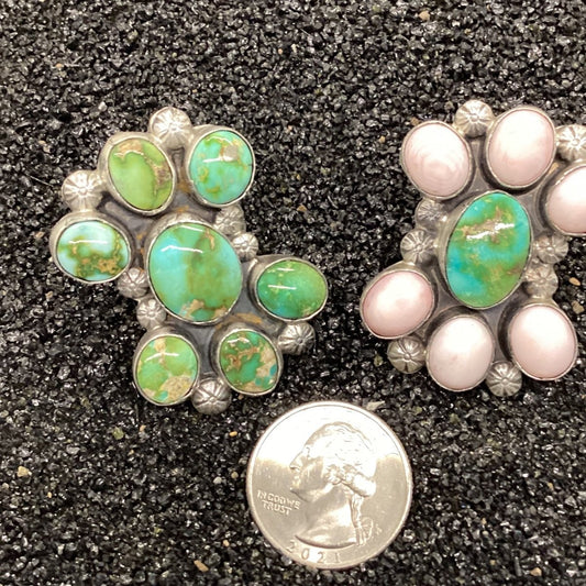 Ring, Asst. 7 stone Stone mixed Royston/Sonoran Gold, Pink Conch Robert Shakey - Turquoise Mustang
