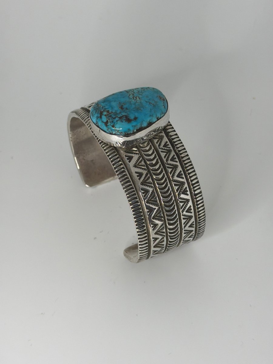 Wide Stamped Navajo Cuff Bracelet with Freeform Blue Kingman Turquoise, Alex Sanchez - Turquoise Mustang