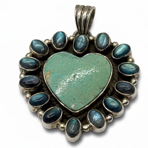 Turquoise & Labradorite Cluster Heart Pendant - Turquoise Mustang