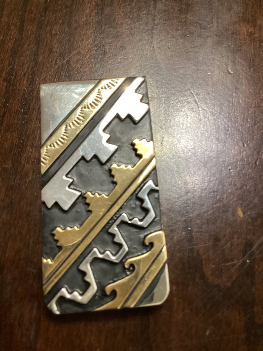 Money Clip, Navajo, overlay gold and silver linear abstract, Tommy Singer (1) - Turquoise Mustang