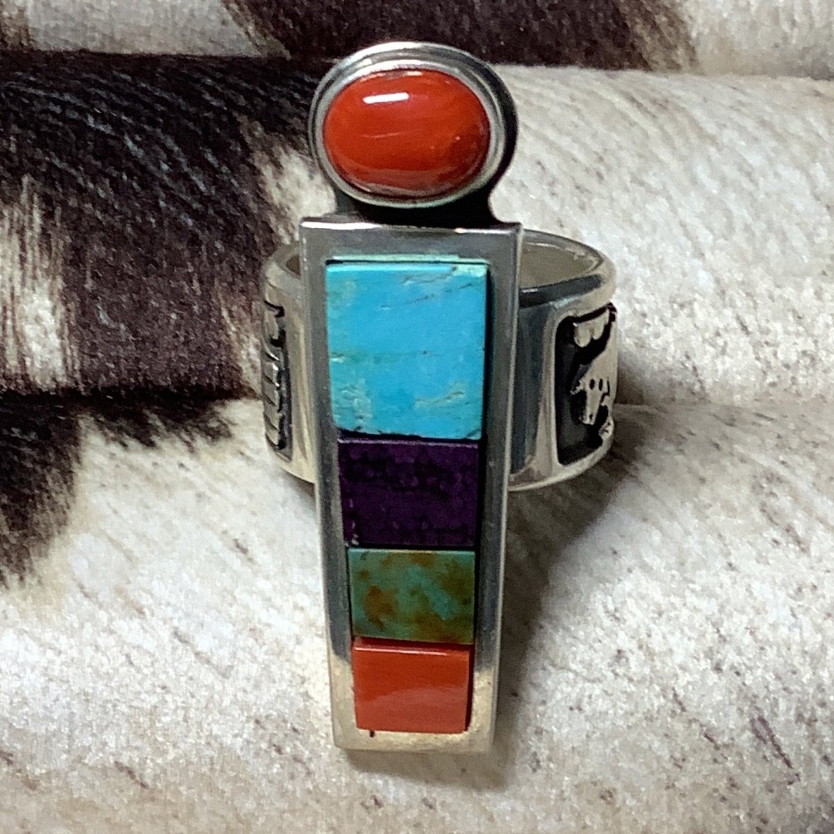 Ring, Heavy Storyteller Shank with Cobblestone Corn maiden, Aaron John - Turquoise Mustang