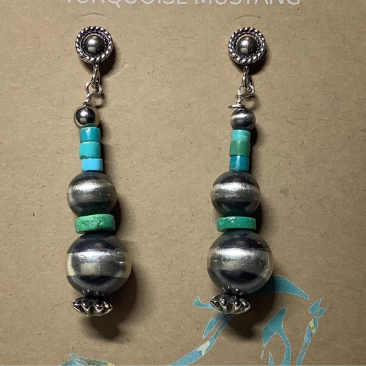 Earrings, 3 N - Pearls and 4 Heishi Drop, Turquoise Mustang - Turquoise Mustang