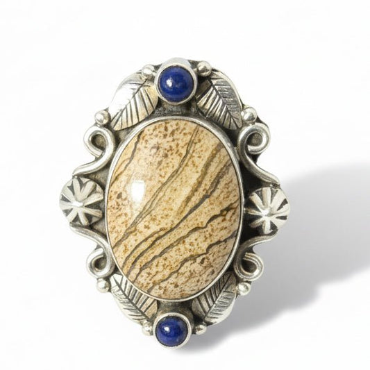Oval Jasper Ring with North–South Lapis Accents & Overlay Bezel, Adjustable Dan Dodson - Turquoise Mustang