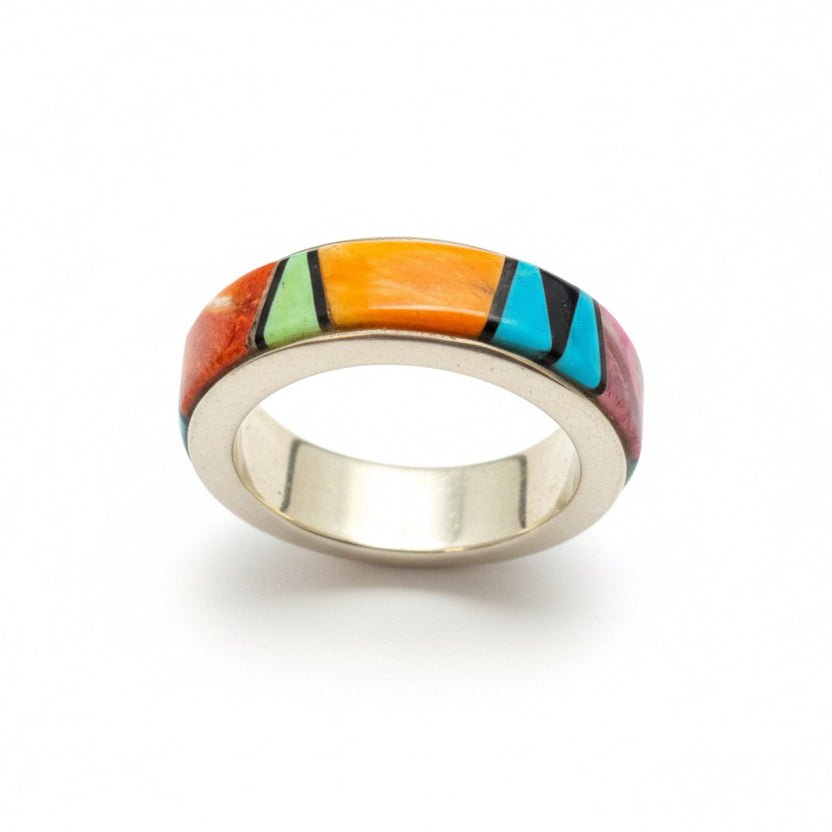Multi - stone Inlaid Navajo Band Size 5.75 - Turquoise Mustang