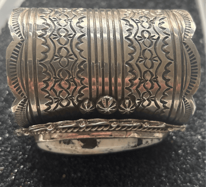 Extra wide cuff, White Buffalo Oval, in Heavy Gauge Sterling Silver by Chris Yazzie - Turquoise Mustang