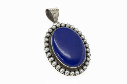 Large Oval Lapis Pendant with 30 Pearl - Style Bezels by Dan Dodson - Turquoise Mustang