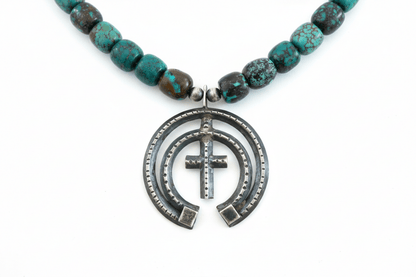 18” Cloud Mountain Barrel Bead Necklace with Oxidized Naja Pendant - Turquoise Mustang