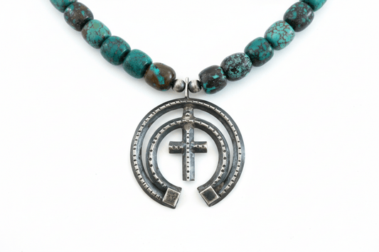 18” Cloud Mountain Barrel Bead Necklace with Oxidized Naja Pendant - Turquoise Mustang