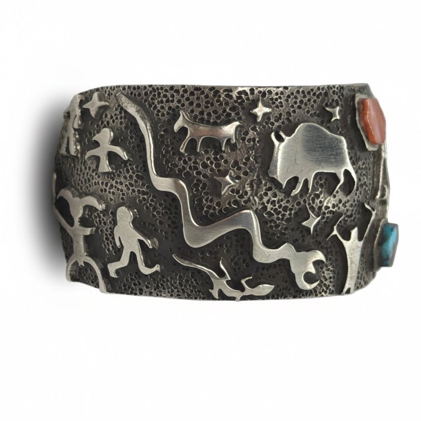 Sand Cast Sterling Silver Cuff Bracelet with Petroglyph Motifs and Pentagon Stones — By Danny Romero - Turquoise Mustang