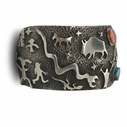 Sand Cast Sterling Silver Cuff Bracelet with Petroglyph Motifs and Pentagon Stones — By Danny Romero - Turquoise Mustang
