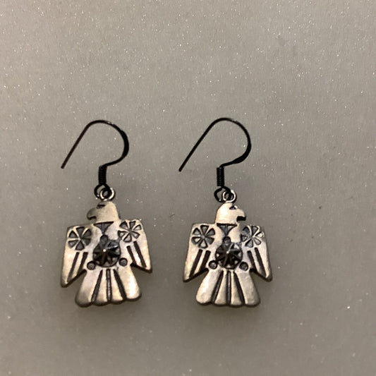 Earrings, Small Thunderbirds with Sunburst & Snowflakes, hooks, DD - Turquoise Mustang