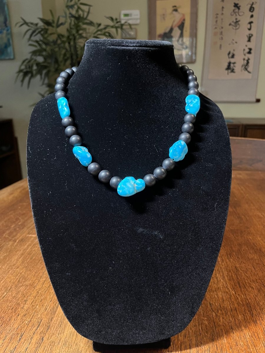 20" Carved Turquoise Nugget & Matte Black Onyx Statement Necklace - Turquoise Mustang