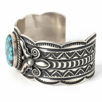 Heavy Repoussé & Overlay Cuff Bracelet with Oval Black Spiderweb Kingman, Andy Cadman - Turquoise Mustang