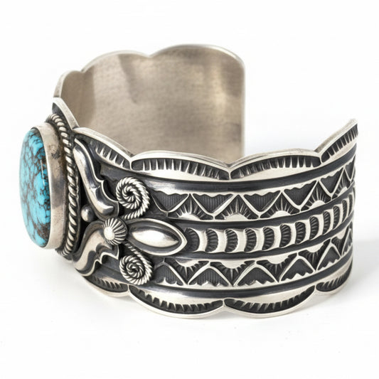 Heavy Repoussé & Overlay Cuff Bracelet with Oval Black Spiderweb Kingman, Andy Cadman - Turquoise Mustang