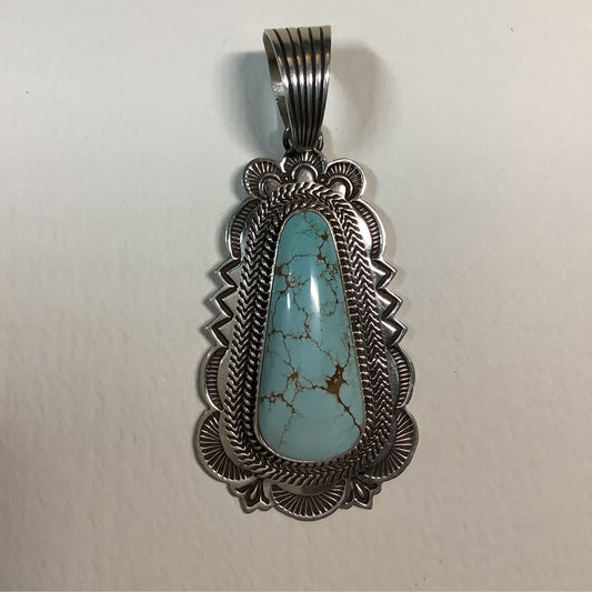 No. 8 Turquoise Shield Pendant with Stamped Sterling Silver Frame by A. Jake - Turquoise Mustang