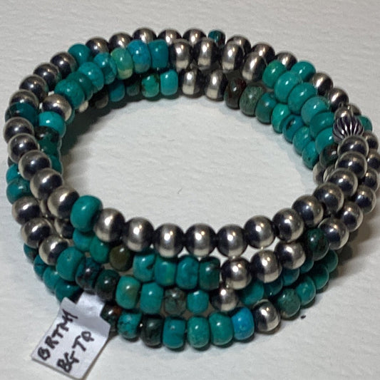 Bracelet, Memory wire Mixed Navajo Pearls & Turquoise Rondelles, TM - Turquoise Mustang