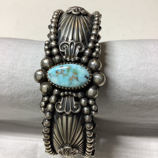 Bracelet, Heavy Stampwork & Overlay, Oval Dry Creek, Darryl Gordon - Turquoise Mustang