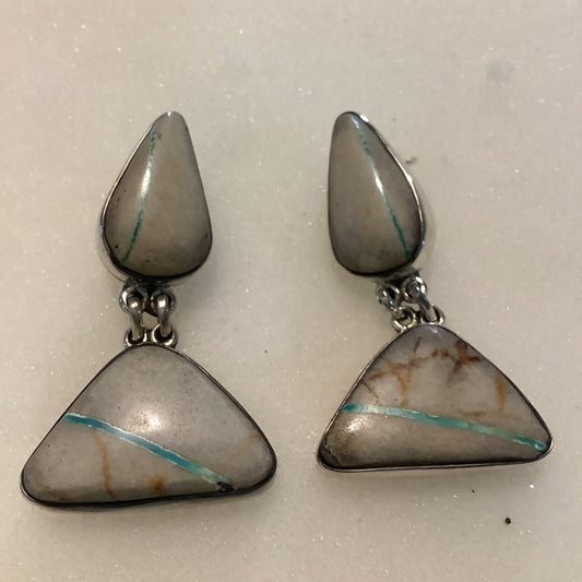 Earrings, Royston Ribbon Turquoise Cab, Pear studs w Freeform Drops, plain bez, stud, DD (1) (1) - Turquoise Mustang