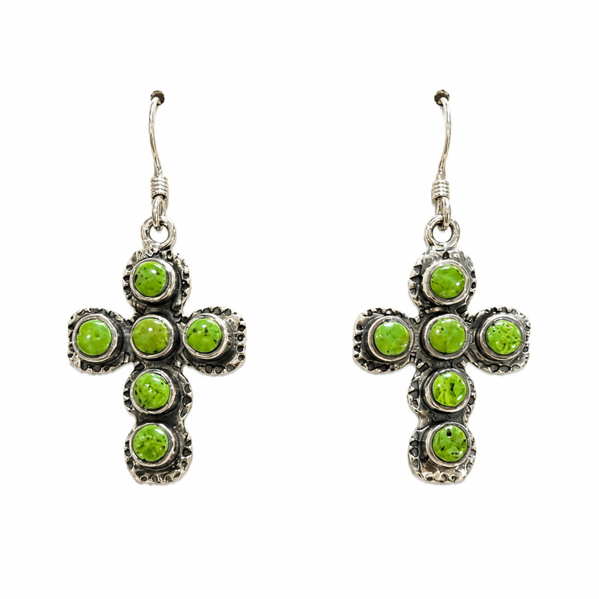 Vintage Navajo Gaspeite Cross Dangle Earrings - Turquoise Mustang