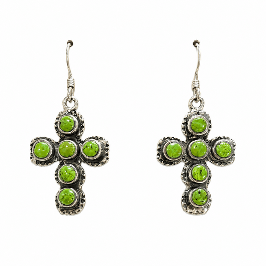Vintage Navajo Gaspeite Cross Dangle Earrings - Turquoise Mustang