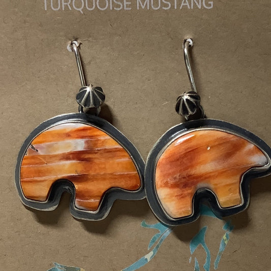 Earring, Spiny Oyster Bears, Orange, Albert Cadman - Turquoise Mustang