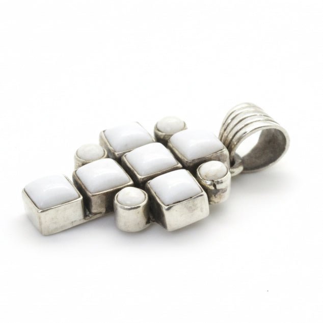 White Jade Cluster Cross Pendant with Cushion Round Stones in Sterling Silver, Dan Dodson - Turquoise Mustang