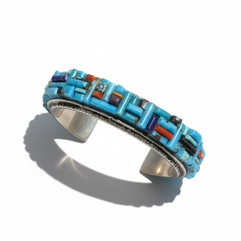 Cobblestone Inlay Turquoise, Coral & Lapis Cuff Bracelet, Lester James - Turquoise Mustang