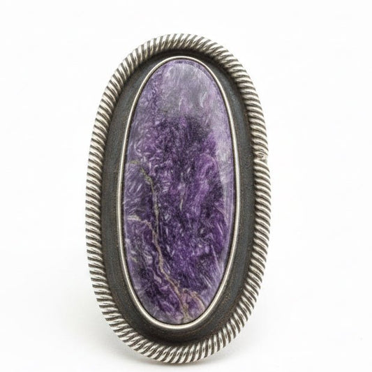 Antique - Finish Sterling Silver Ring with Charoite & Twisted Rope Bezel, Size 9 Lee Charley - Turquoise Mustang