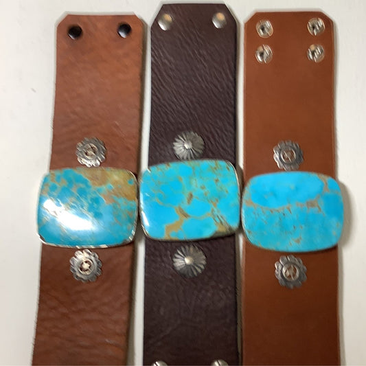 Bracelet, leather w Conchos & large Rect. Kingman, Dan Dodson - Turquoise Mustang