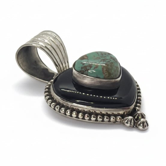The Forget - Me - Not Heart Pendant in Black Onyx and Sage Green Kingman Turquoise - Turquoise Mustang