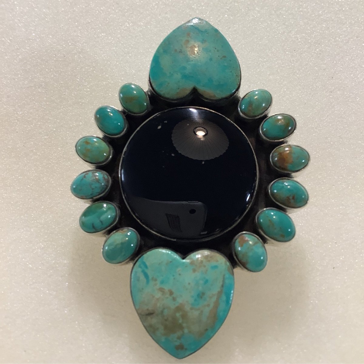 Ring, Turquoise & Onyx, Round Onyx center with 2 Hearts and 2 ovals DD (1) - Turquoise Mustang