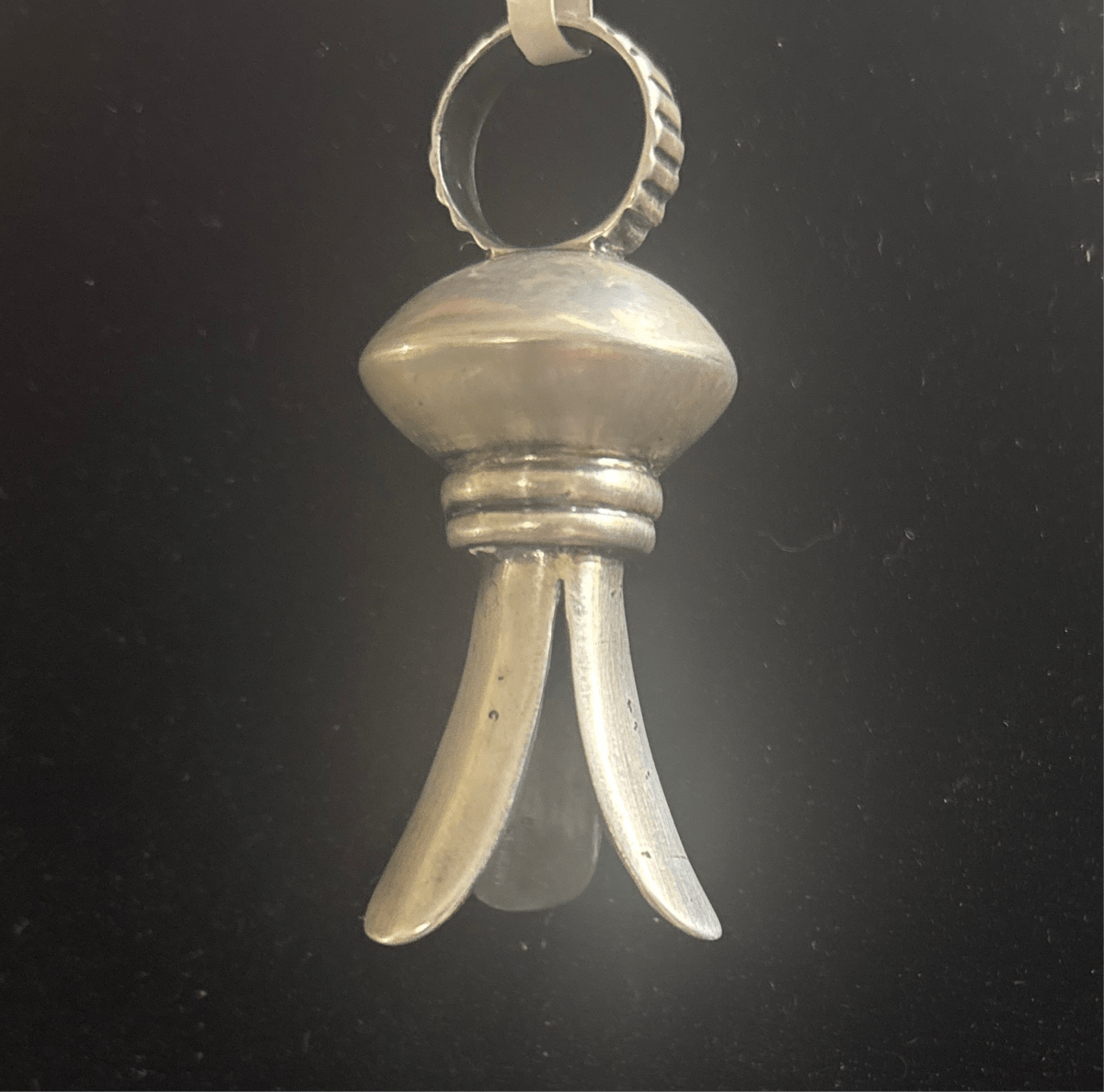 Pendant, Medium Squash blossom, all silver, saucer globe, corrugated bale, DD - Turquoise Mustang