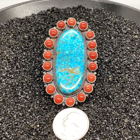 Ring, 19 Stone Cluster Number Eight surrounded by Mediteranean Coral, Peterson Johnson (1) - Turquoise Mustang