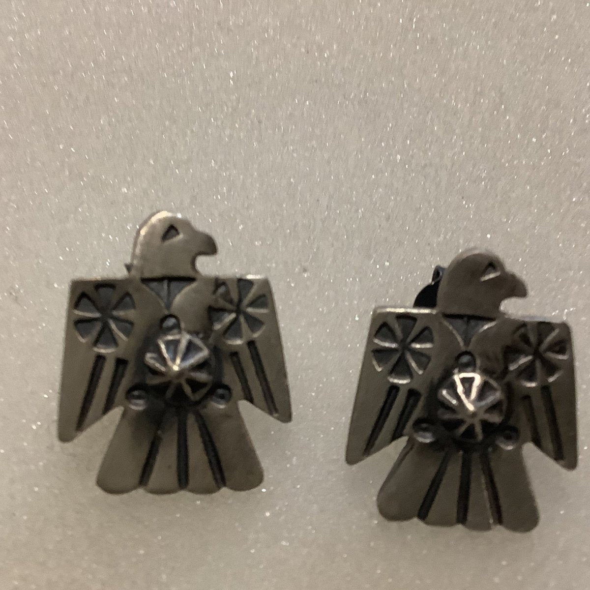 Earrings, Small Thunderbirds with Sunburst & Snowflakes, studs , DD (1) - Turquoise Mustang