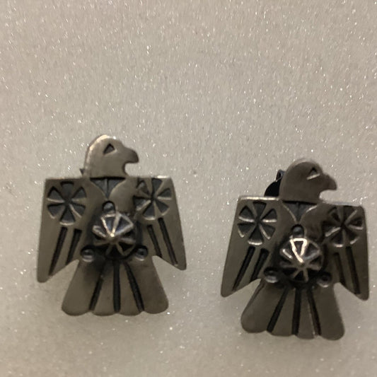 Earrings, Small Thunderbirds with Sunburst & Snowflakes, studs , DD (1) - Turquoise Mustang
