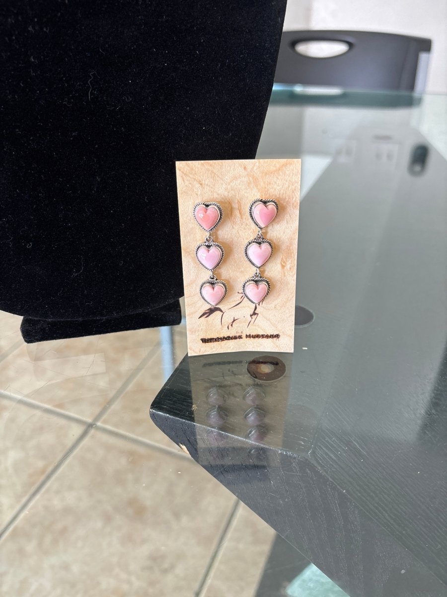 3 Heart Pink Conch Drop Earrings - Turquoise Mustang
