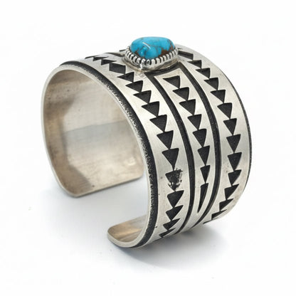 Triangle Motif Cuff with Teardrop Natural Kingman Turquoise, H.T. Jim - Turquoise Mustang
