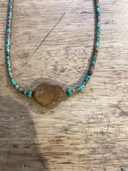 Necklace, 18" Natural Kingman 4mm Turquoise Heishi with Freeform Center bead Turquoise Mustang - Turquoise Mustang